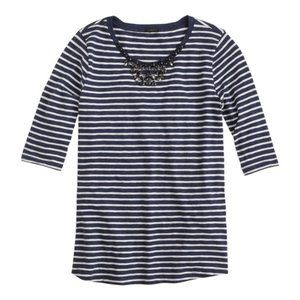 J. CREW Top Jewel Neck Painter Tee Navy Blue Striped Embellished 3/4 Shirt XS